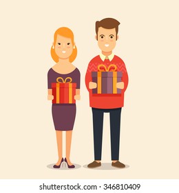 Young Happy Couple Holding Christmas Gift Boxes. Flat Vector Illustration