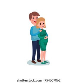 Young happy couple hugging, cheerful man touching belly of pregnant woman. Pregnant wife and her husband. Female expecting baby. Beautiful expectant mother. Parenthood. Flat vector illustration.