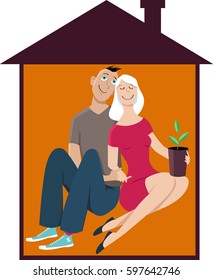 Young happy couple in a little house, first time homeowners, EPS 8 vector illustration