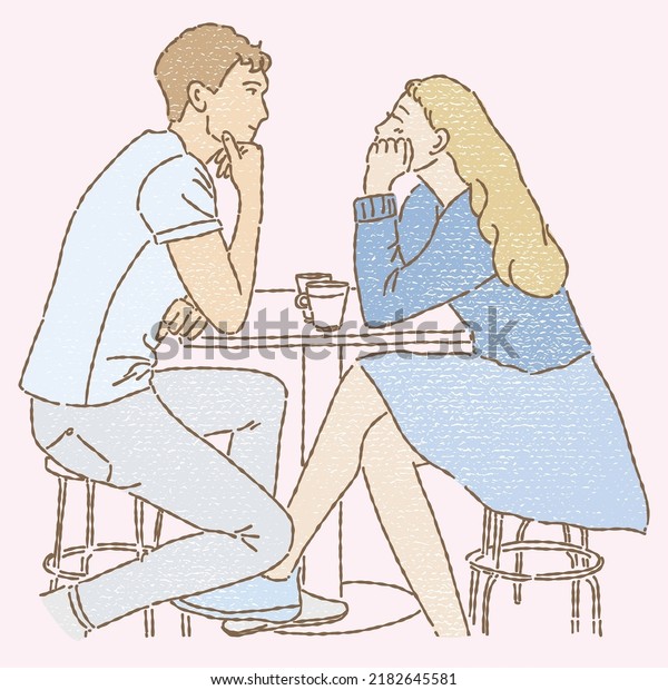 Young happy couple looking at each other, sitting, dating at table with drinks at cafe. Hand drawn flat vector illustration in pastel soft tone colored pencil texture style isolated on pink background.