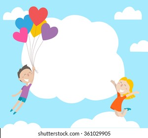 Young happy couple in love. The blue sky with a fluffy clouds. Love concept. Vector illustration flat style. Design greeting banner or invitation for Valentine's day.