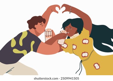 Joven pareja feliz en el amor celebrando con café, té, vino, felicitaciones, metáfora. Personajes de chica, chico, chico. Hermandad. Dibujo a mano de Ilustración vectorial. Bebida de café caliente o frío.