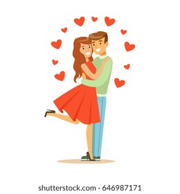 Young happy couple in love embracing colorful character vector Illustration