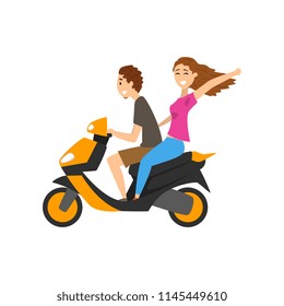 Young happy couple in love riding scooter vector Illustration on a white background