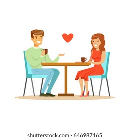 Joven pareja feliz sentada en el café con colorido personaje vectorial Ilustración