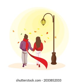 Young happy couple in love spend autumn fall time together. Man and woman during romantic date. Beloved male and female walking in park by light of street lamp. Vector eps illustration