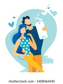 Young Happy Couple Making Selfie. Man Holding Smartphone Shooting Picture of himself with Girlfriend. Love, Romantic Relations, Meeting. Family Memory Sweet Moments. Cartoon Flat Vector Illustration