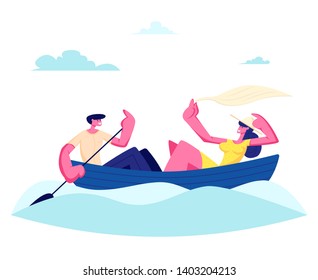 Young Happy Couple of Man and Woman Floating Boat at Water Surface. Male Character Rowing with Paddle, Girl Holding Shawl. Summertime Vacation, Loving People Sparetime Cartoon Flat Vector Illustration