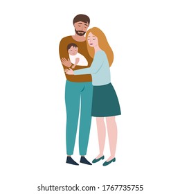 Young happy couple with newborn baby. Young parents holding baby. Vector illustration