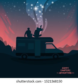 Young happy couple on the background of the starry sky. The concept of camping. Vector illustration.