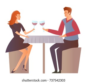 Young happy couple on a date at the restaurant. Man and woman drink wine at a romantic dinner. Vector Illustration, isolated on white background.