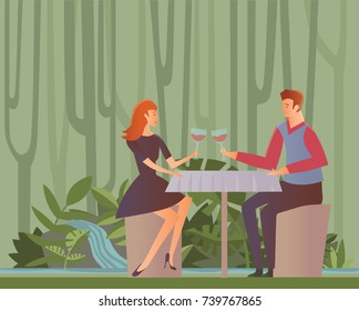 Young happy couple on a date. Man and woman drink wine at a romantic dinner in jungle forest. Vector Illustration, isolated on white background.