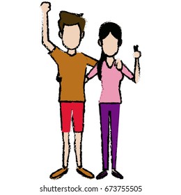 young happy couple parent or couple gesturing with blissful