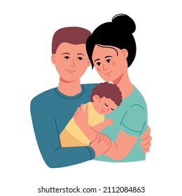 A young happy couple parents hugs their newborn with care and love. Father and mother Family and child care vector concept.