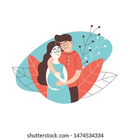 Young happy couple. Pregnant wife and her husband together. Vector illustration of a flat desing.