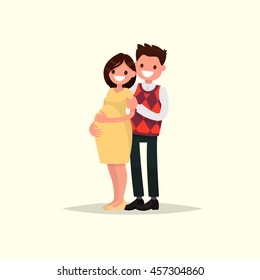 Young happy couple. Pregnant wife and her husband together. Vector illustration of a flat design