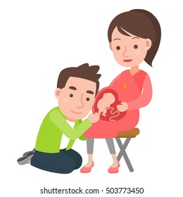 Young happy couple. Pregnant wife and her husband together. Vector illustration of a flat design