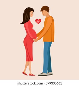 Young happy couple. Pregnant wife, husband and hearts. Vector illustration in flat design.