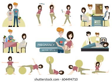 Young happy couple. Pregnant wife and her husband together.Set of full body mom relax with Pilates. Woman getting an ultrasound at the doctor office.Vector/Illustration