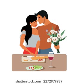 A young happy couple is preparing a festive romantic dinner. Family fun together. Loving people stay at home. A man gives a woman flowers. Flat vector	
