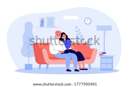 Young happy couple reading book isolated flat vector illustration. Cartoon man and woman resting on sofa in living room at home. Holiday, comfort and apartment concept