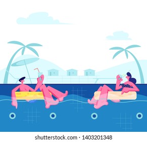 Young Happy Couple Relaxing on Resort, Floating at Inflatable Rings in Swimming Pool and Drinking Cocktails. Tropical Vacation Sparetime, Summertime Leisure, Honeymoon Cartoon Flat Vector Illustration