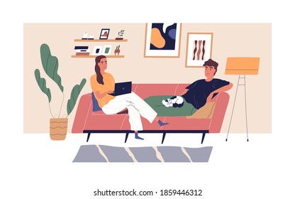 Young happy couple relaxing on comfy sofa in living room. Spending time together in apartment. Woman with laptop and man with cat on his knees. People sitting on couch. Flat vector illustration