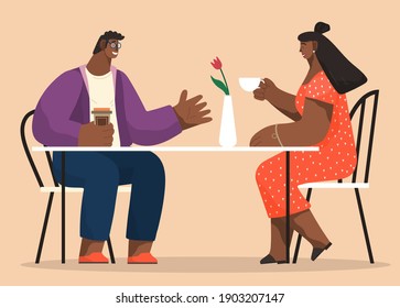 Young happy couple in restaurant together. Male and female african american characters drinking coffee sitting at table with flower vase. Dating, weekend leisure cartoon flat vector illustration