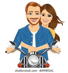 Young happy couple riding a motorcycle isolated on white background