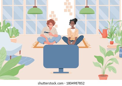 Young happy couple sitting in the living room and playing video games on a game console vector flat illustration. Man and woman spending time together playing with controllers in hands.