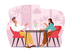 Young Happy Couple Sitting At Table Drinking Coffee, Talking And Laughing In Cafe Or Restaurant. Man And Woman Dating, Weekend Leisure, Loving Pair Rest, Sparetime. Cartoon Vector Illustration