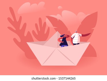 Young Happy Couple Stand in Paper Ship, Woman Looking Forward Man Pointing Way with Hand. Tiny Male and Female Characters in Origami Boat. Business or Hobby Concept. Cartoon Flat Vector Illustration