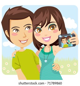 Young Happy Couple Taking A Snapshot Of Themselves With A Digital Camera