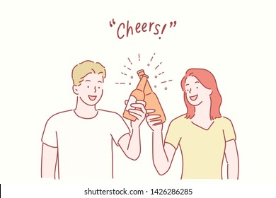 Young happy couple toasting with beer. Hand drawn style vector design illustrations.
