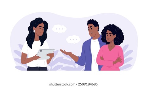 A young happy couple undergoing psychotherapy with a psychologist. The couple renews their marriage. Vector illustration in flat style