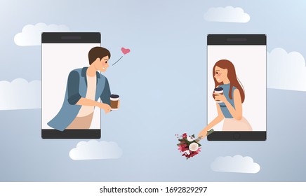 joven pareja feliz usa teléfono móvil para comunicarse con el distanciamiento social 