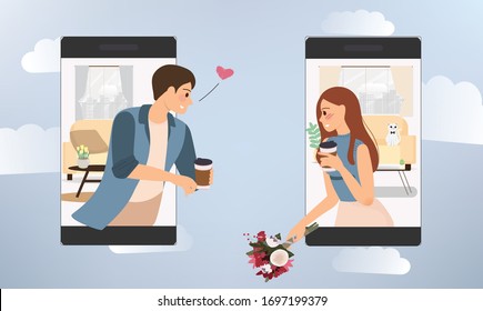 young happy couple use mobile phone to communicate for social distancing 