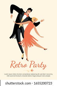 Young happy couple in vintage costumes dance Charleston. 1920s style party. Vector invitation card.