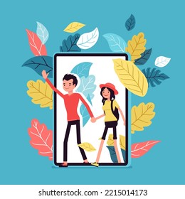 Young happy couple walking trough screen. Virtual travel, explore new world via tablet, family blogger, adventure learning, online social interaction. Vector creative vibrant botanical illustration