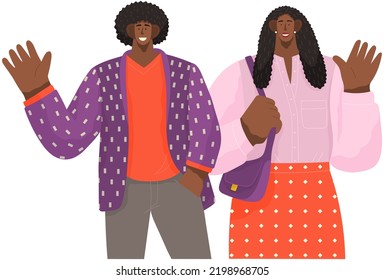 Young happy couple waving hands. Smiling parent or friends gesturing with smile. Male and female characters different nations representatives stand together isolated people with greeting gesture