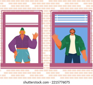 Young happy couple waving hands. Smiling parent or friends gesturing with smile. Male and female characters different nations representatives stand together in window hole people with greeting gesture