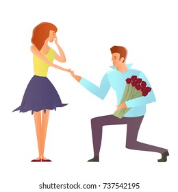 Young happy couples in love, man and woman. Man makes a proposal to his girlfriend, kneeling. Vector Illustration, isolated on white background.