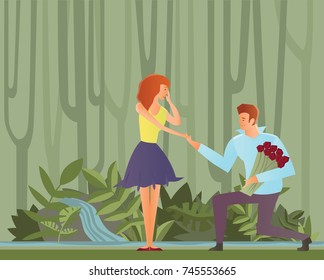 Young happy couples in love, man and woman. Man makes a proposal to his girlfriend, kneeling. Vector Illustration.