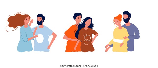 Young happy couples. Man woman hugging together, isolated cartoon teens in love. Dating or friends meeting, friendship vector illustration