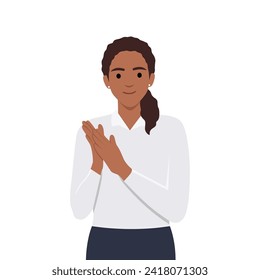 Young happy cunning woman girl teengaer cartoon character planning something tricky moving fingers near chest smiling mysteriously looking aside. Flat vector illustration isolated on white background
