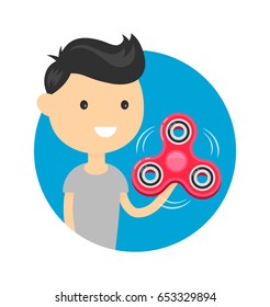 Young happy cute smiling boy man play with hand fidget spinner toy. Hand spinner twist tricks concept.Vector flat cartoon illustration modern style icon design. Isolated on white background 