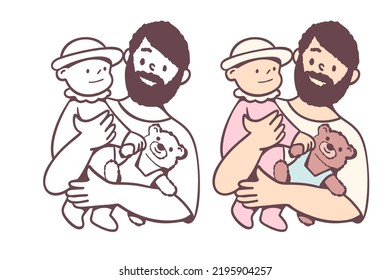 A young happy dad with a baby in his arms. Vector illustration with cartoon style.