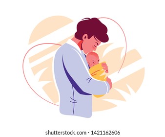 Young happy dad holding baby  Fathers day  Father   little newborn son daughter  Vector illustration isolated white for card  web banner  site