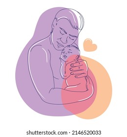 Young happy dad holding baby line art vector illustration.Father and little newborn son or daughter