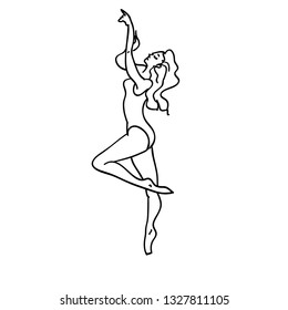 Young happy dancer  isolated on white background. Women enjoying dance party. Line vector illustration in flat cartoon style. Classical ballet illustration for poster, fashion clothes, textile, print